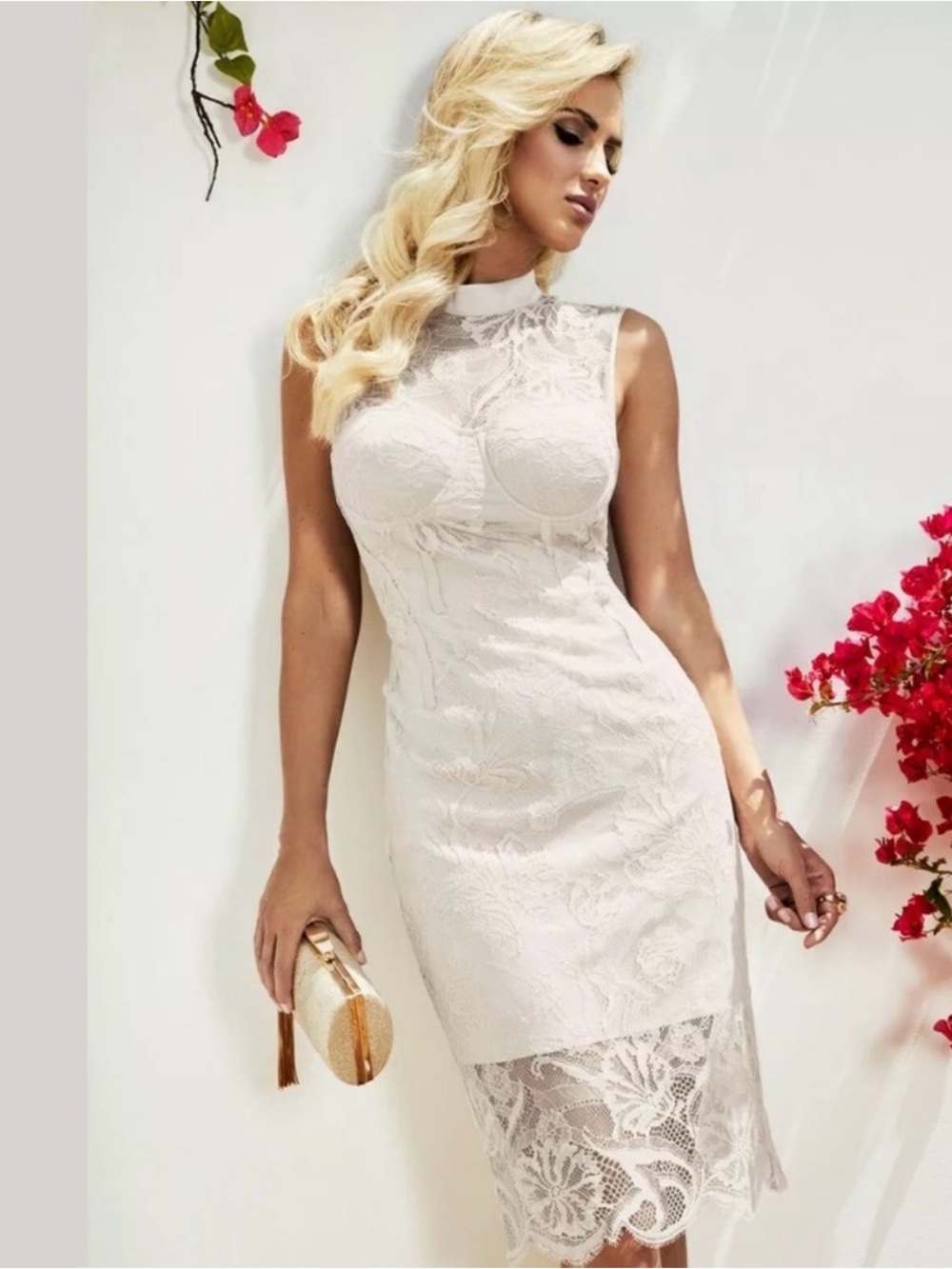 Marciano Crochet Sleeveless Lace Sheath Dress in Ivory